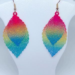 Rainbow leaf dangling earrings.